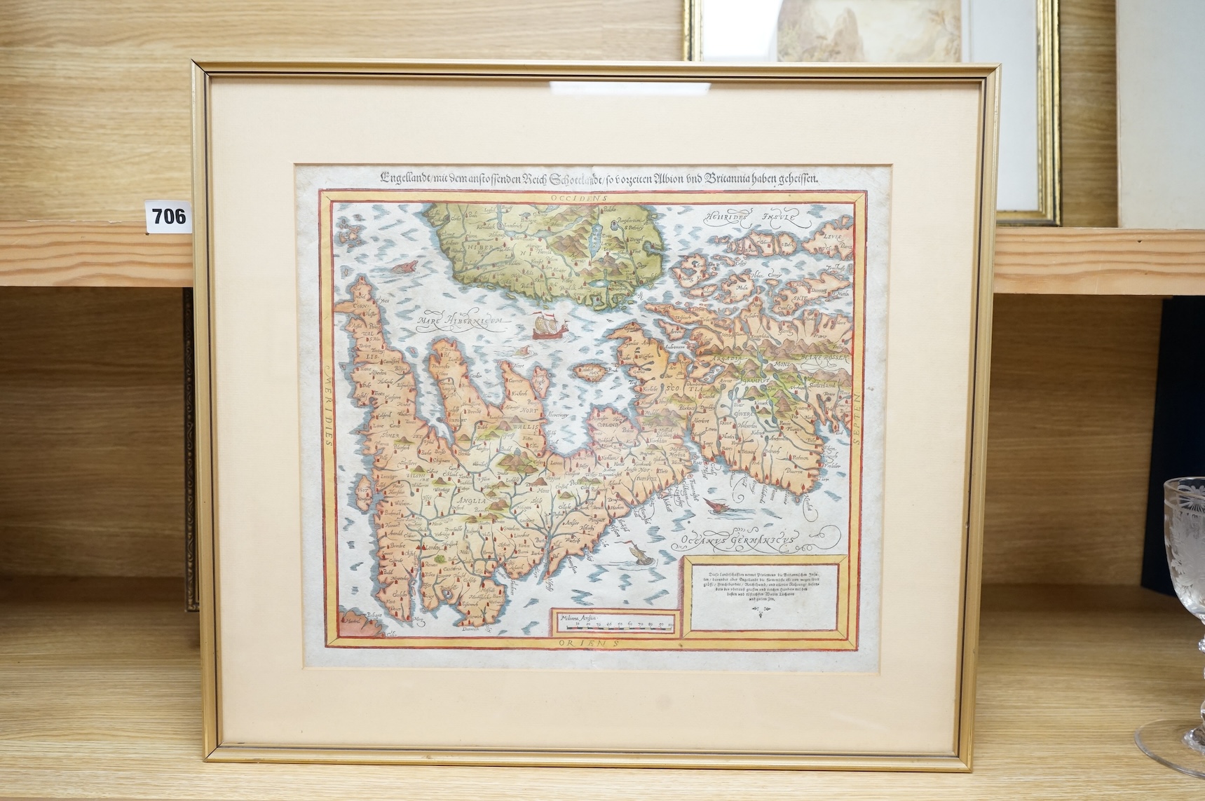 After Sebastian Munster (1489-1552), hand coloured engraved map of England, 33 x 37cm